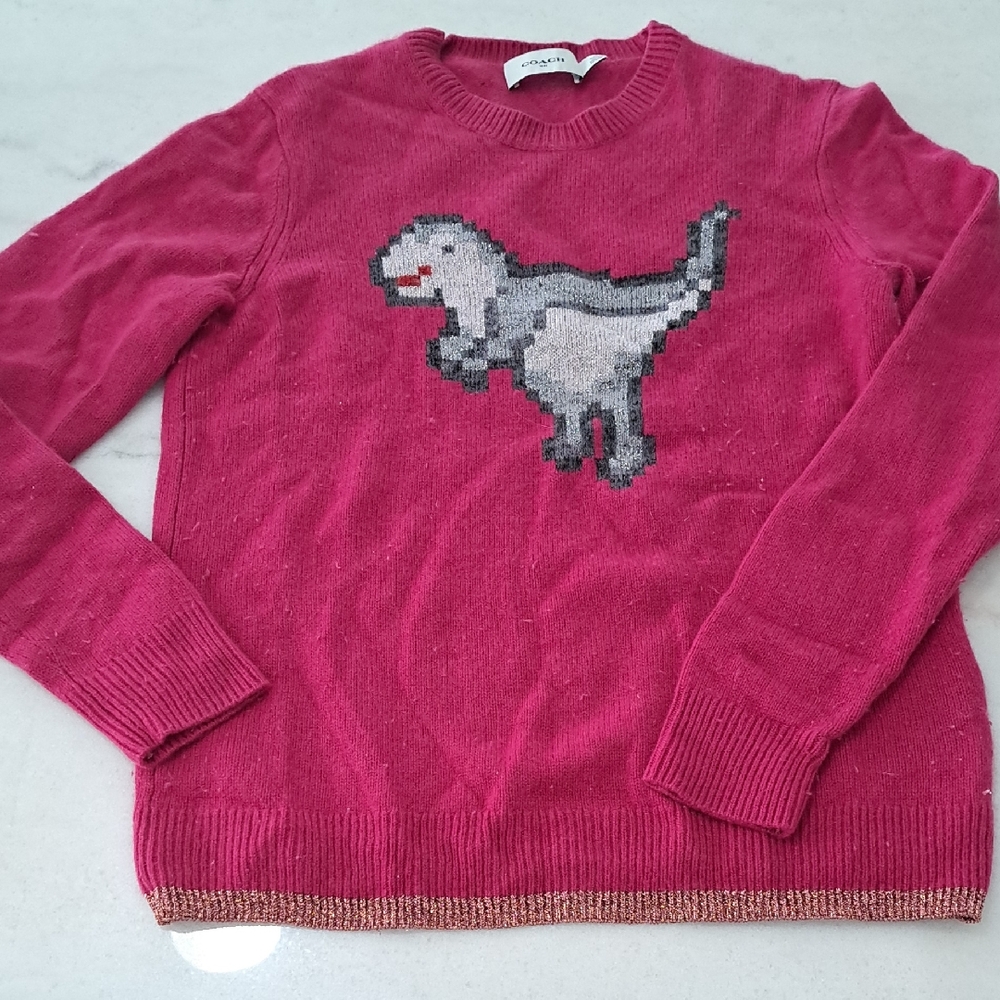 Coach Rexy Pink and Gray Dinosaur Crew Neck Sweater